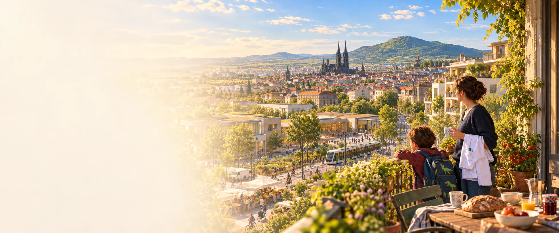 Une mère et son fils sur leur balcon fleuri, le matin, devant Clermont-Ferrand : tramway, marché, vélos, la cathédrale et le puy de Dôme au loin